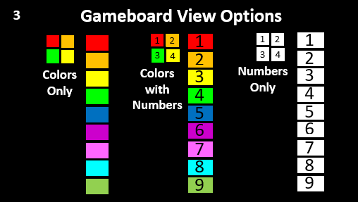 The three board view options: colors only, colors with numbers, numbers only
